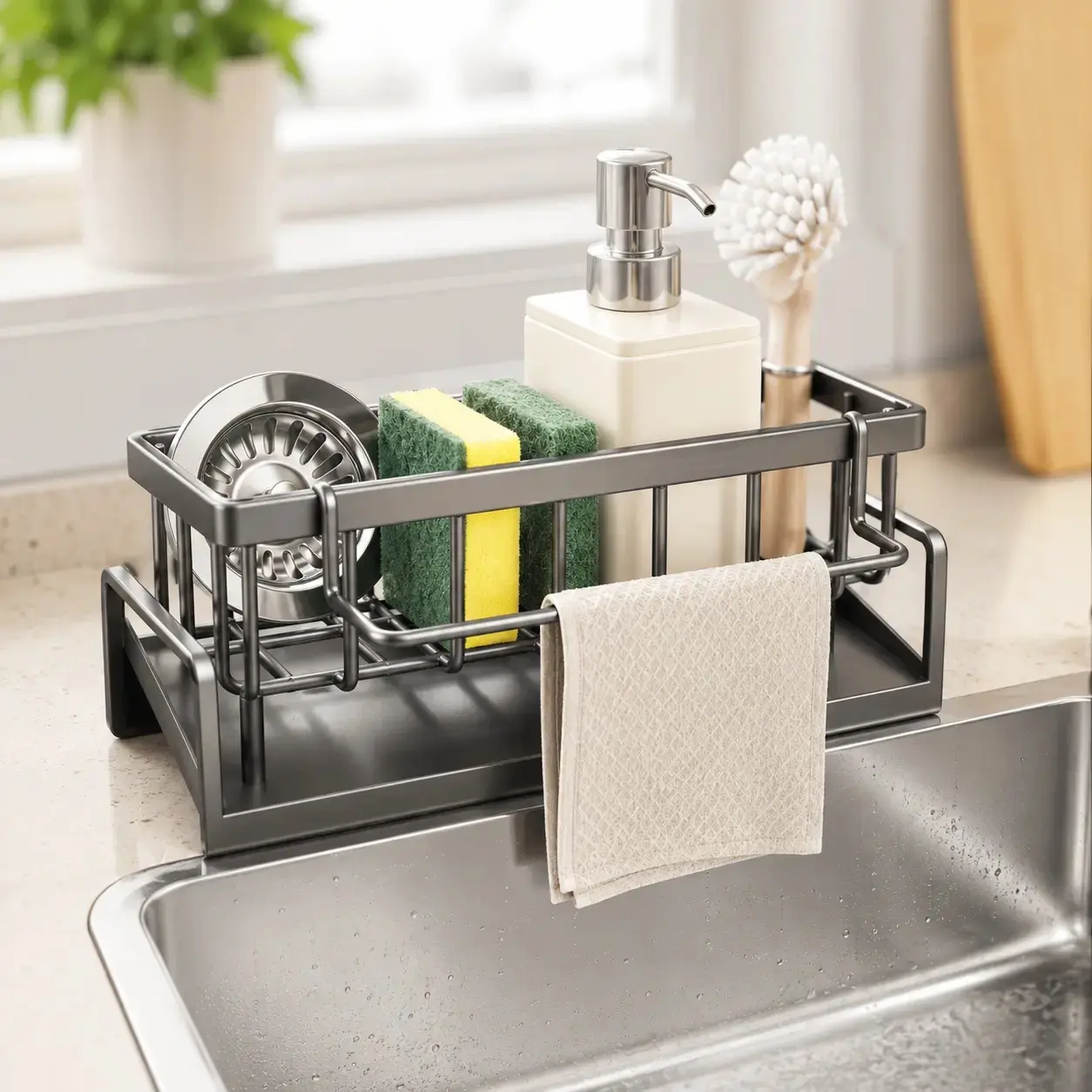 Multifunctional Kitchen Sink Caddy Organizer - Home Supplies Kitchen Accessories with Auto Drain, Dish Drying Rack, Sponge Holder and Towel Rack for Sink Cleanliness and Dryness, Keep Sink Clean & Dry