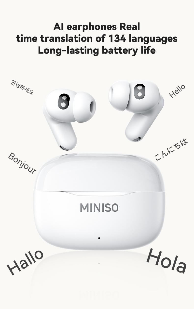 MINISO MS112 Wireless Earphones: Active noise cancellation, real-time translation, heart rate sensing, hearing aid function, Bluetooth connectivity, spatial audio, high-fidelity sound quality, USB-C charging.
