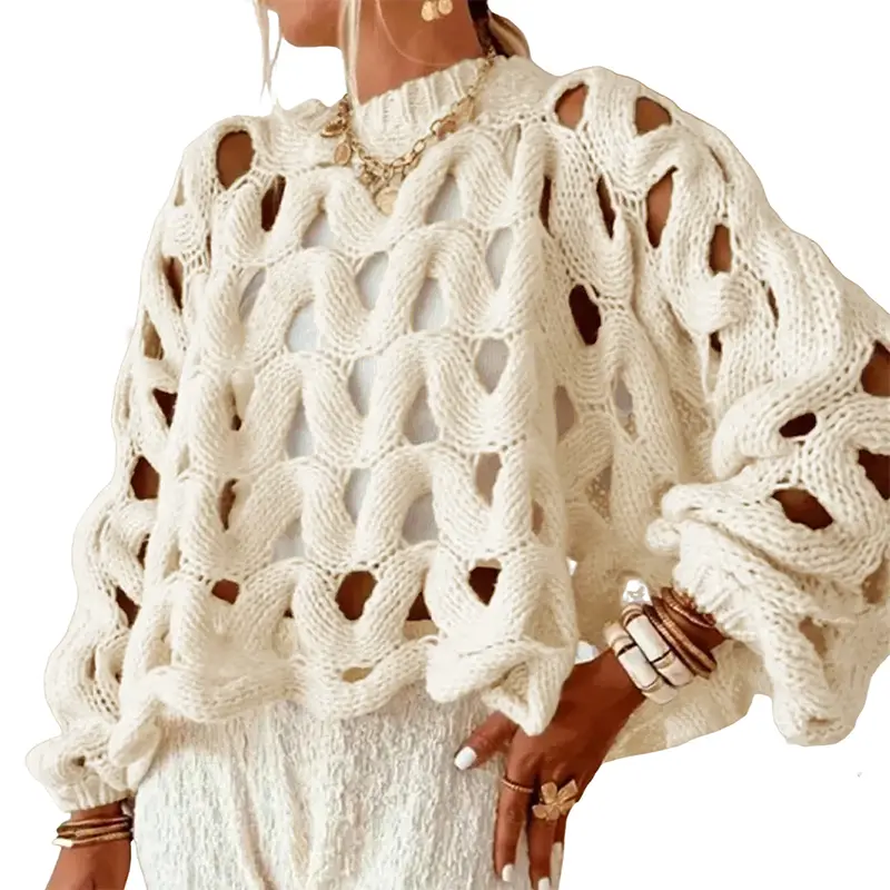Yimoon Women's Crochet Sweater Hollow Out Sweaters Oversized Pullover Long Sleeve Crew Neck Crochet Chunky Knitted Sweater