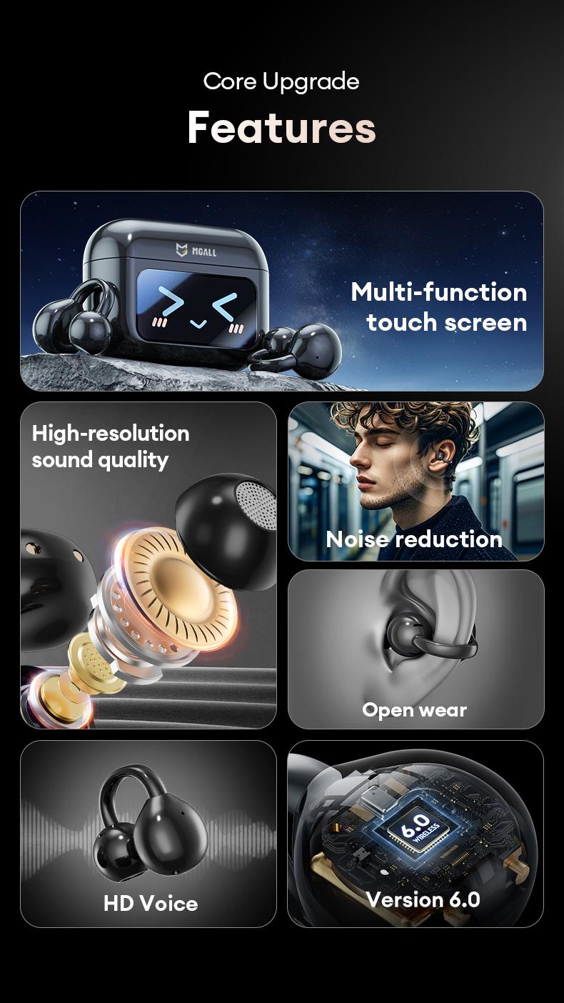 HYUNDAI M100 Clip-On Ear Headphones with Audio-Visual Touch Screen, Wireless Audio Headphones for Music & Phone Calls, Sport Waterproof & Sweatproof, with 2025 Bluetooth 6.0 for Faster, Stable Connection & Low Power Use