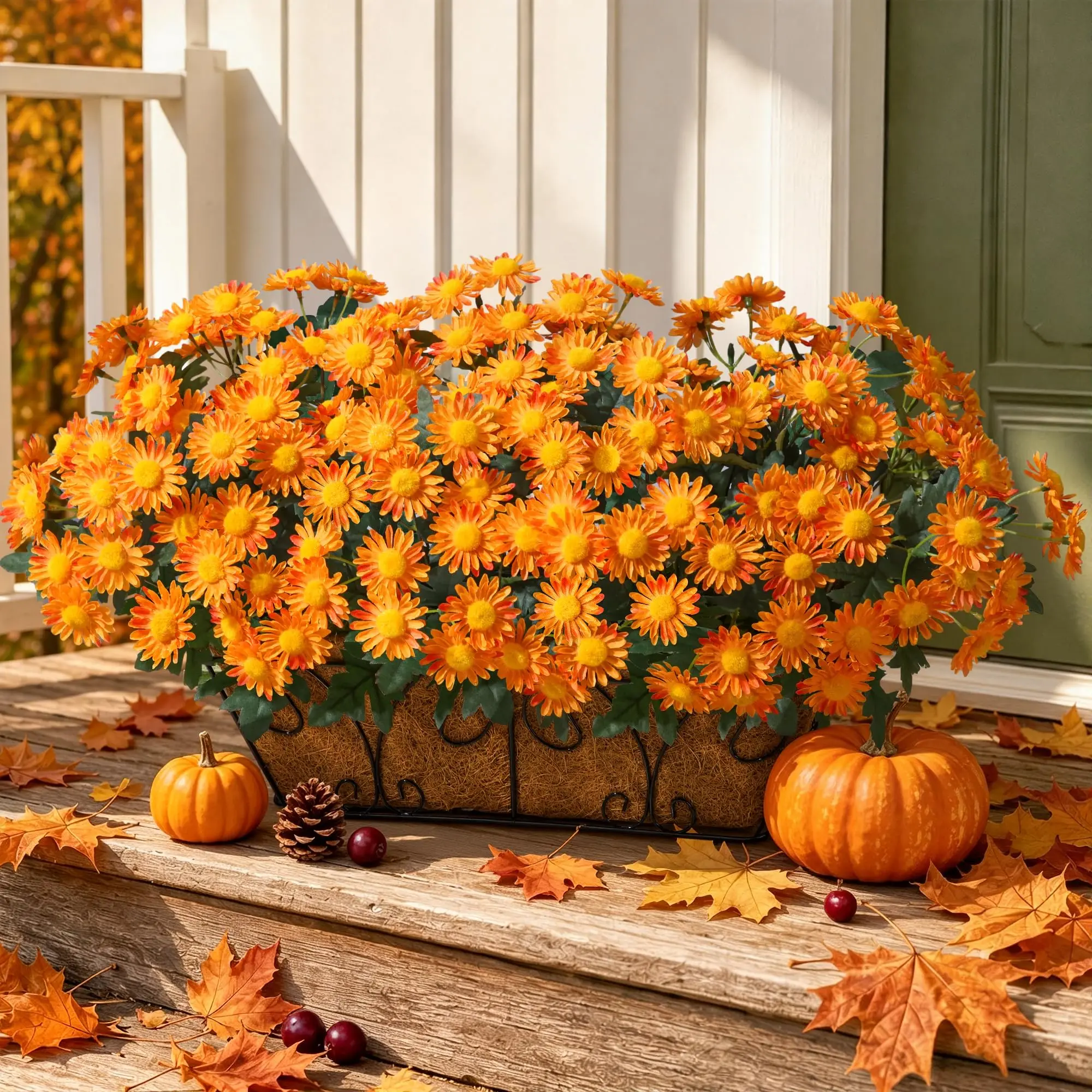 Ivydale Artificial Fall Fake Mums Flowers Plants for Outdoor Decoration, 6 PCS Faux Silk Orange Gerbera Daisy UV Resistant No Fade Realistic for Planter Pot Outside Porch Patio Balcony Garden Yard Home Decor