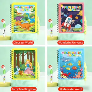 4 Pack Reusable Water Reveal Coloring Books for Kids | Mess-Free Water Pens | Dinosaur Ocean Space Fairy Tale | Toddler Quiet Time Travel Activity | Educational Art Gift for Boys Girls Age 3-8