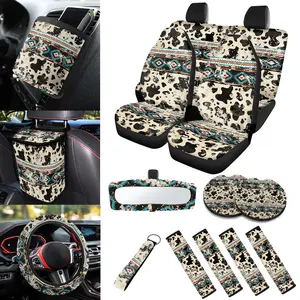 Western Car Seat Covers Aztec Cow Print Auto Protector Full Set with Steering Wheel Cover Garbage Bag Safety Pads Coasters Keychain, 14 Piece Auto Interior Decor Non Slip Durable Elastic