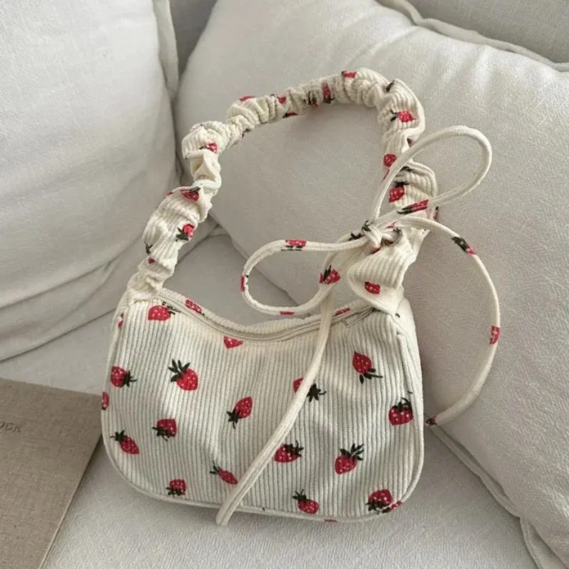 Women's Strawberry Print Corduroy Mini Tote, Fashionable Underarm Shoulder Bag with Shoulder Straps for Casual Wear, Cute Look, Plush Corduroy, Plain, Fashionable Bags, Graphic Print Women's Crossbody & Shoulder Bags