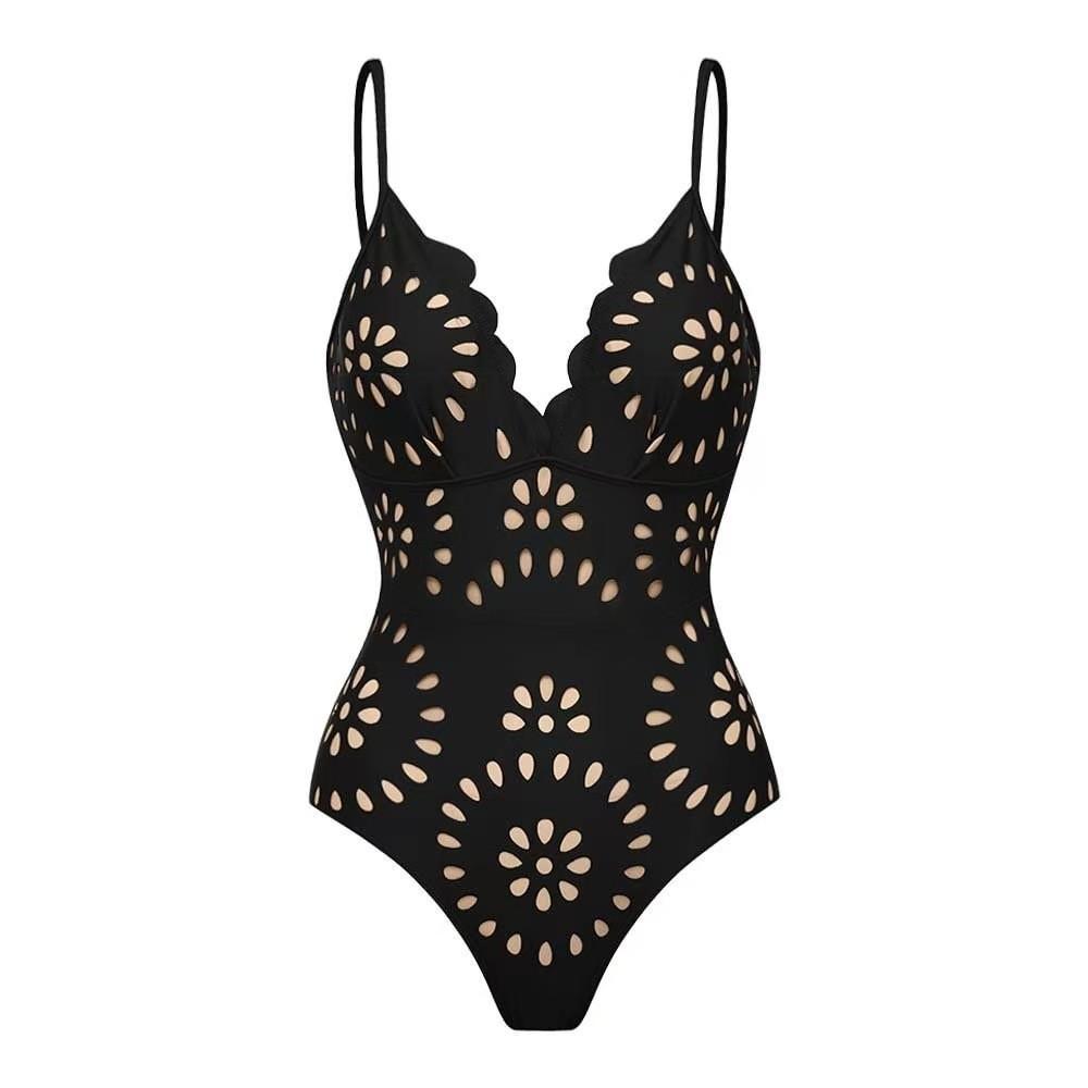 LikeMyChoice Coquette Trend Red Floral Hollow Monokini Swimsuit with Intricate Eyelet Detail Cut-Outs for Beachwear & Summer Resort Wear casual fashion chic tie