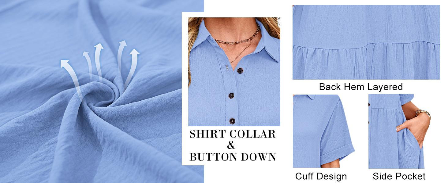 AUSELILY Babydoll Dress for Women Short Sleeve Button Down Textured Non-clingy Loose Fit Flowy Mini Dress with Pockets 2026 New Summer Dress SpringStatements