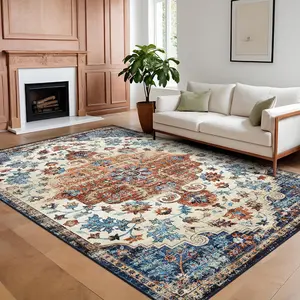 GARVEE Vintage Area Rug 5x7 Machine Washable Rug, Non-Slip Soft Floor Carpet for Living Room, Low Pile Oriental Medallion Floral Printed Accent Rug for Dining Room, Bedroom, Orange