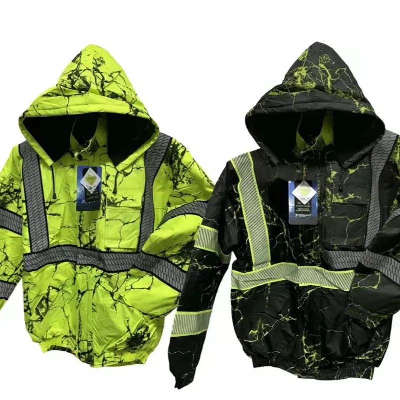 Men's Hi-Visibility Camouflage Long Sleeve Hooded Bomber Jacket - Winter Coat with Reflective Details, Menswear Top