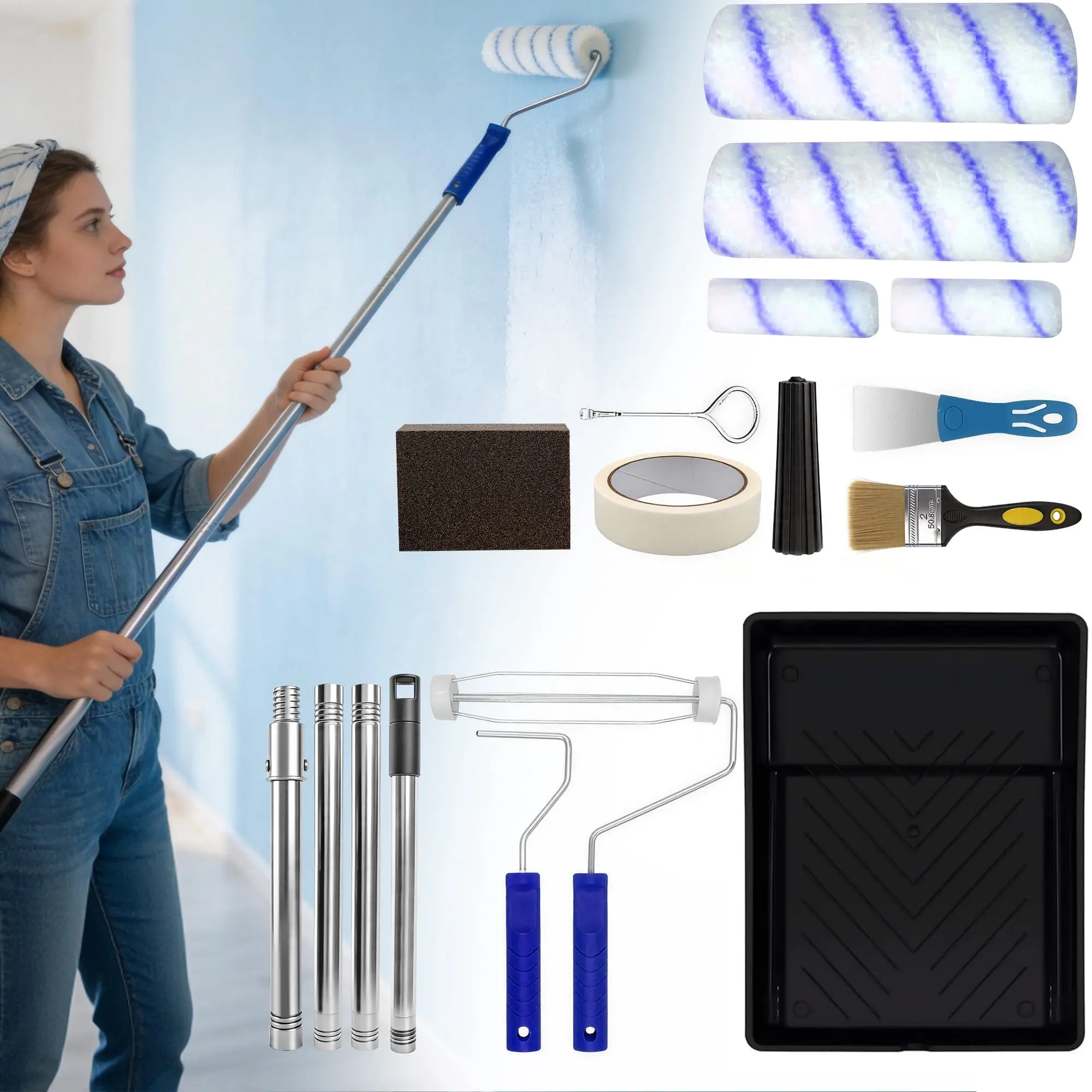 19-Piece Extendable Paint Roller & Brush Set, Home Improvement Painting Supplies for DIY Users, Indoor/Outdoor House Walls Application