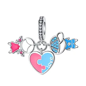 Heart Dangle Charm with Puzzle Beads, Silver-Plated, Pink & Blue Enamel, Boy & Girl Figure Charms for Couples’ Jewelry, Suitable for Bracelets, Necklaces, and Jewelry Gifts for Women—Valentine’s Day/Anniversary/Birthday Gifts