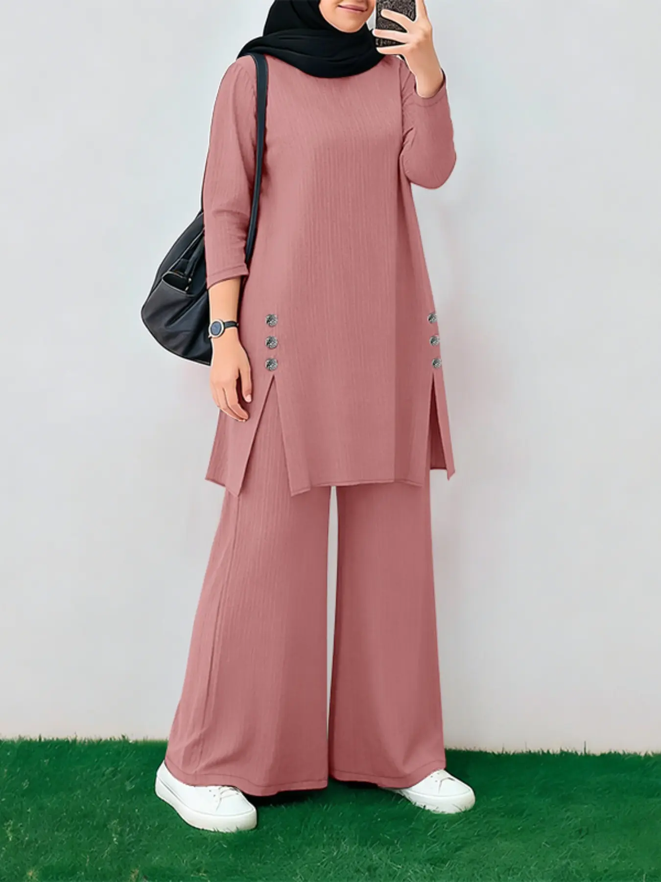 Women's Commuter Casual Modest Split Long Sleeve Tunic and Wide Leg Pants Two-Piece Set, Matching Set, Stylish Daily Wear, Comfortable and Trendy, Modesty Outfit, Fashion Style Sets