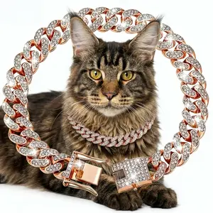 Rose Gold Cuban Cat Chain Collar 13mm Wide Cat Necklace Metal Cat Chain Pet Crystal Collar Jewelry Accessories for Small Medium Large Cats (9.84 ")