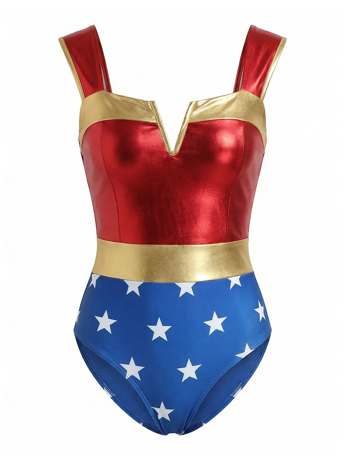 Multicolor 1970s Wonder Woman Star Print One-Piece Swimsuit 4th of july outfits BackToSchool