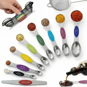 Magnetic Measuring Spoons Set, 9Pcs Double Sided Stainless Steel Measuring Spoons with Leveler, Stackable Metal Teaspoon & Tablespoon Set for Baking & Cooking Kitchen Gadgets Kitchenware