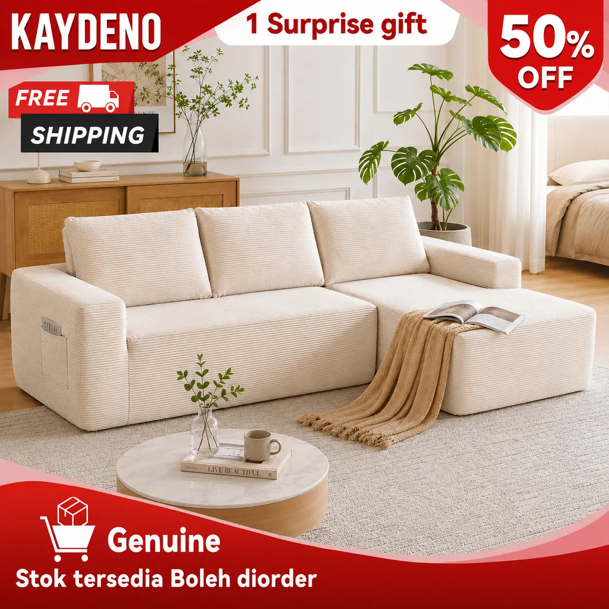 Modern Modular L-Shaped Cloud Boneless Sectional Couch - Fixed Arms, Left/Right Chaise Option, Pillowless Design, Comfy for Living Room, Bedroom, Sofas for Living Room