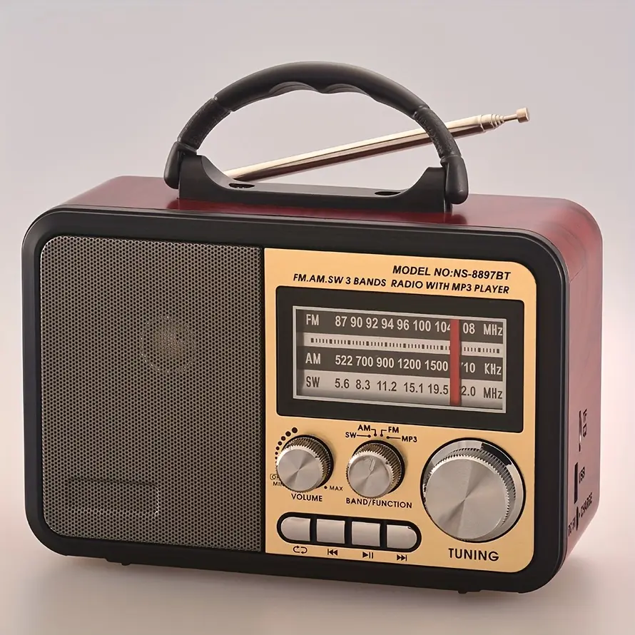 Vintage wooden portable AM/FM/SW 3-band radio with Bluetooth 5.1, TWS stereo, USB and TF card MP3 playback, long rotatable antenna, retro handheld speaker for home, camping, and a gift for vintage music fans and seniors,gift for Father's Day Birthday Audi