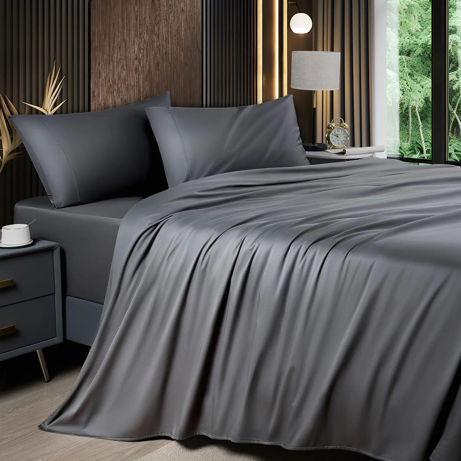 Shilucheng Bamboo Sheet Set - 4/6 Pc Bedding Set with 16'' Deep Pocket Lightweight, Twill, Smooth Fitted Sheets, Cooling Breathable, Hotel Luxury Super Silky Soft, Wrinkle & Fade Resistant,summerwins,back to school,back to school shopping,home decor