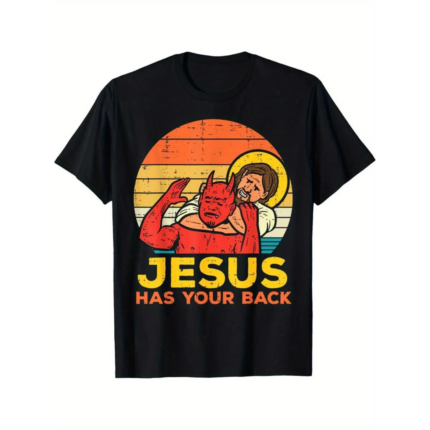 Funny Jesus Has Your Back Jiu Jitsu Retro Christian Men T-Shirt Selected pure cotton interesting design DIY short sleeve t-shirt for men, soft and breathable