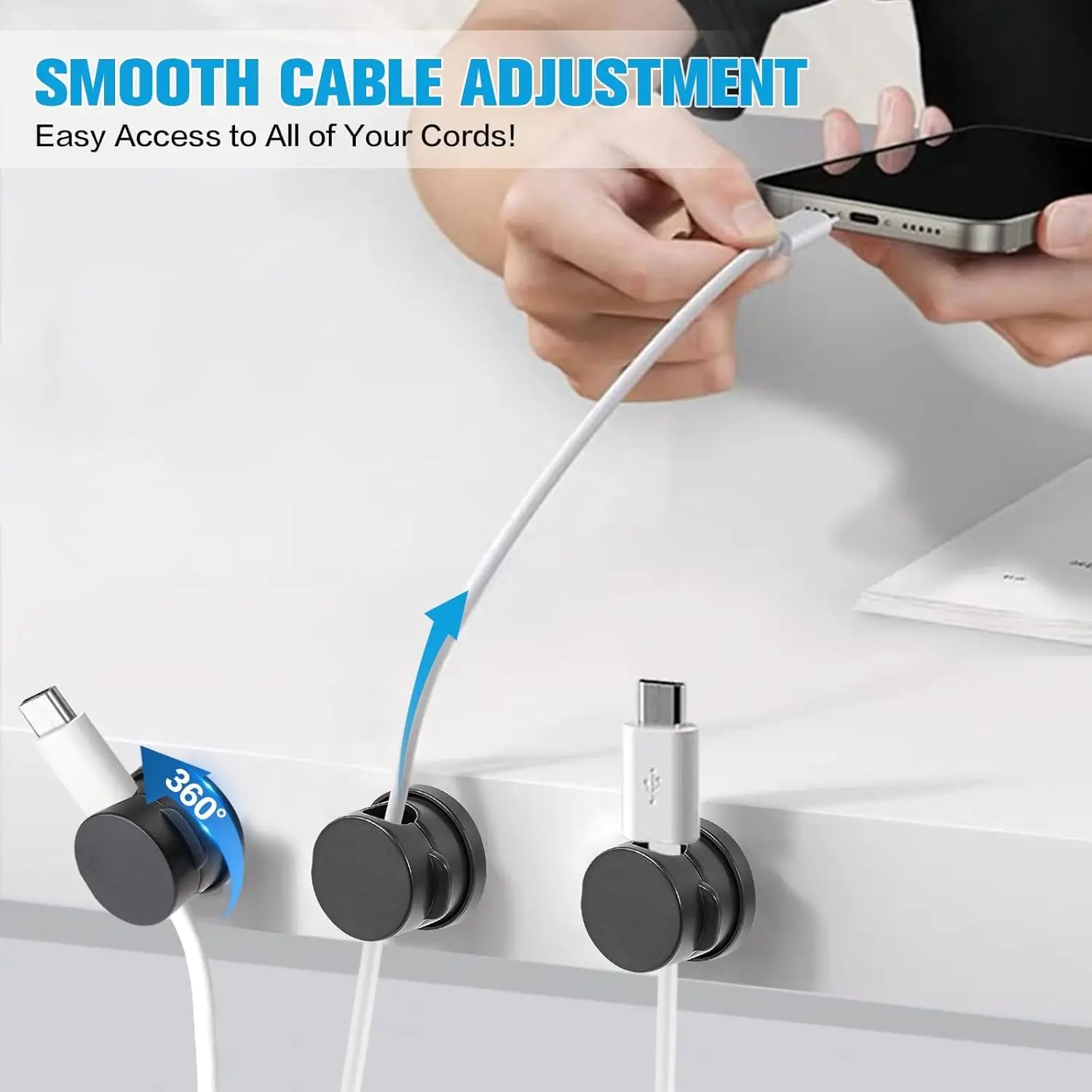 6-Pack ABS Magnetic Cable Organizer Clips - 360° Rotatable, Self-Adhesive Magnetic Snap Cord Holder, No-Drill Reusable Wire Management Desk Accessory for Desk, Phone Charger, Bathroom (Includes Slot Diameter Detail)