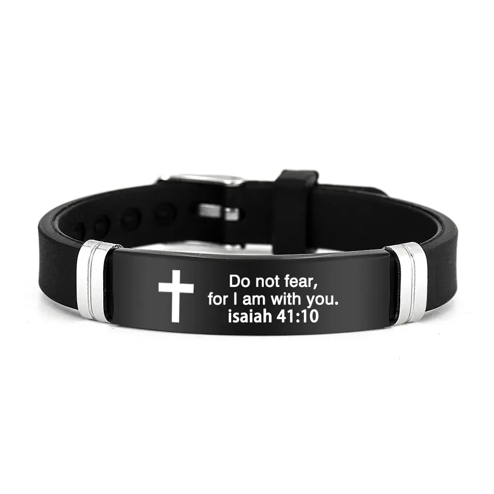 Cross Bracelet Inspirational Bible Quotes Faith Christian Silicone ID Wristband Religious Gift Men and Women Stainless Steel Rubber Adjustable Bracelet