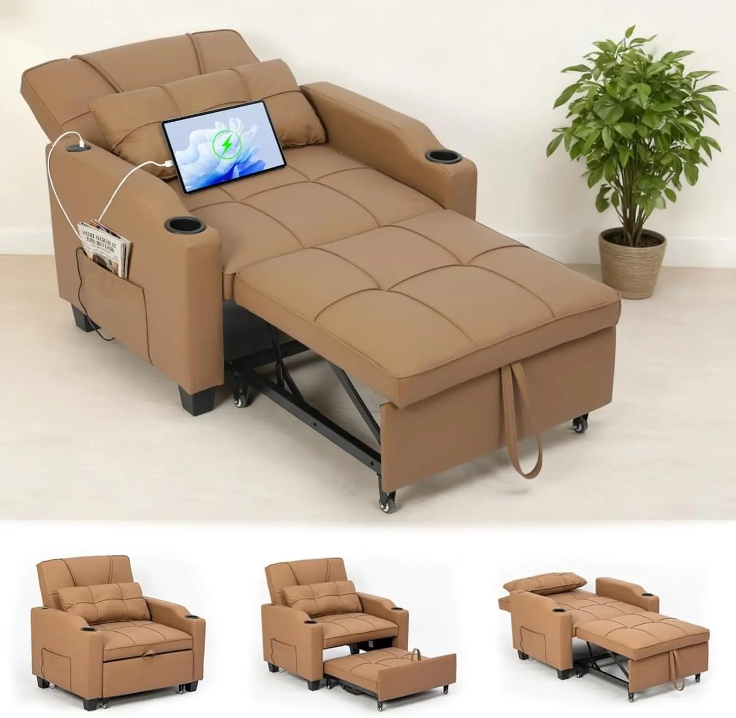 GAOMON 4-in-1 Convertible Compact Sleeper Sofa Bed - Ergonomic Recliner Armchair with Adjustable Reclining, Vibration Massage Lumbar Pillow, USB/Type-C Port, Cup Holders, Side Pocket for Small Durable Living Areas, Sleeping, Pu Leather, 32.28"L X 35.04"W