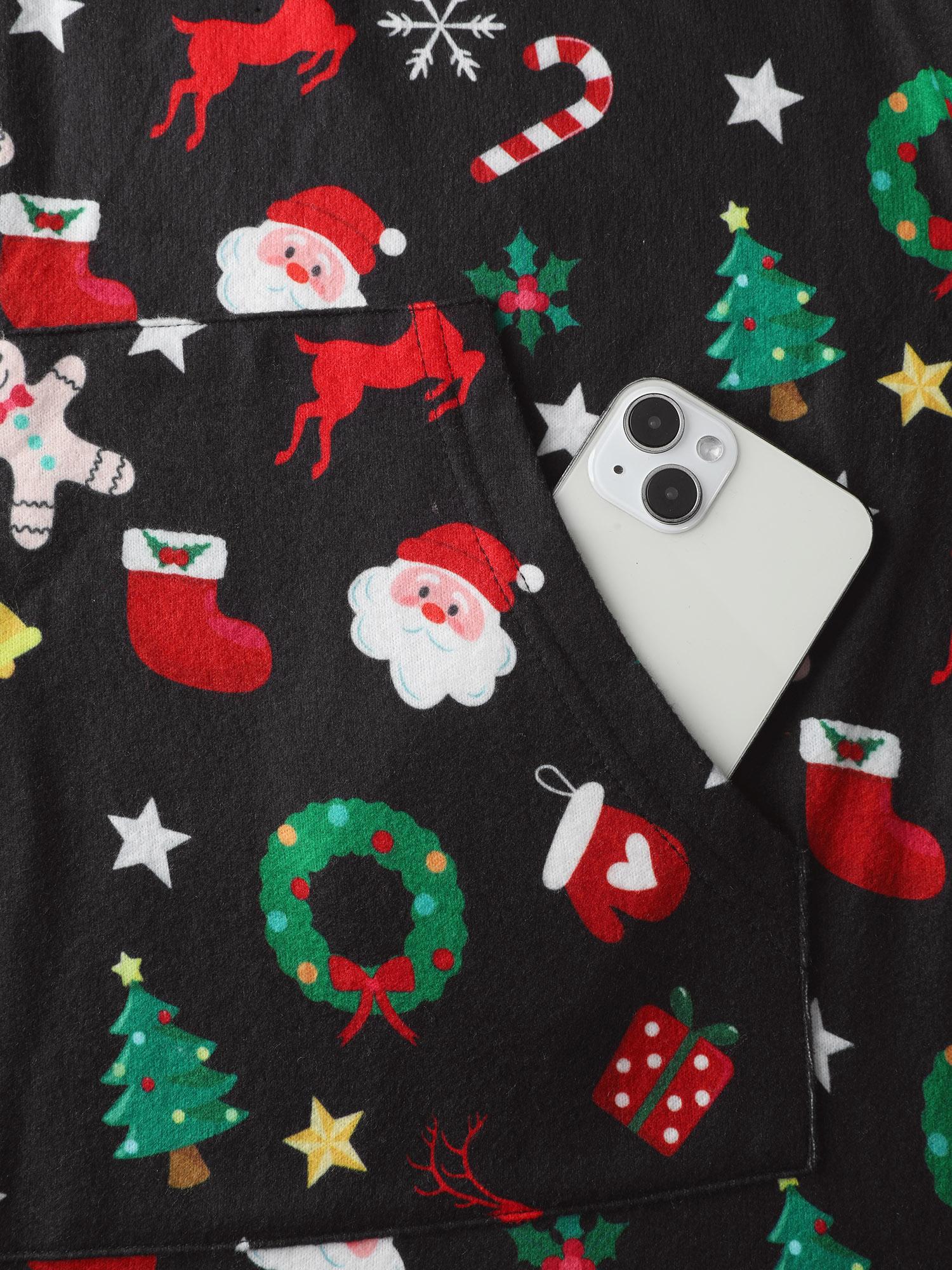 BLOOMCHIC Holiday Spirit Pockets Hooded Sleep Jumpsuit - Christmas Print, Extra Long Sleeve, Multicolor, Regular Fit, Zipper Closure, Loungewear & Nightwear for Women overalls 2 Spring Break Gift For Easter's Day Mother's Day