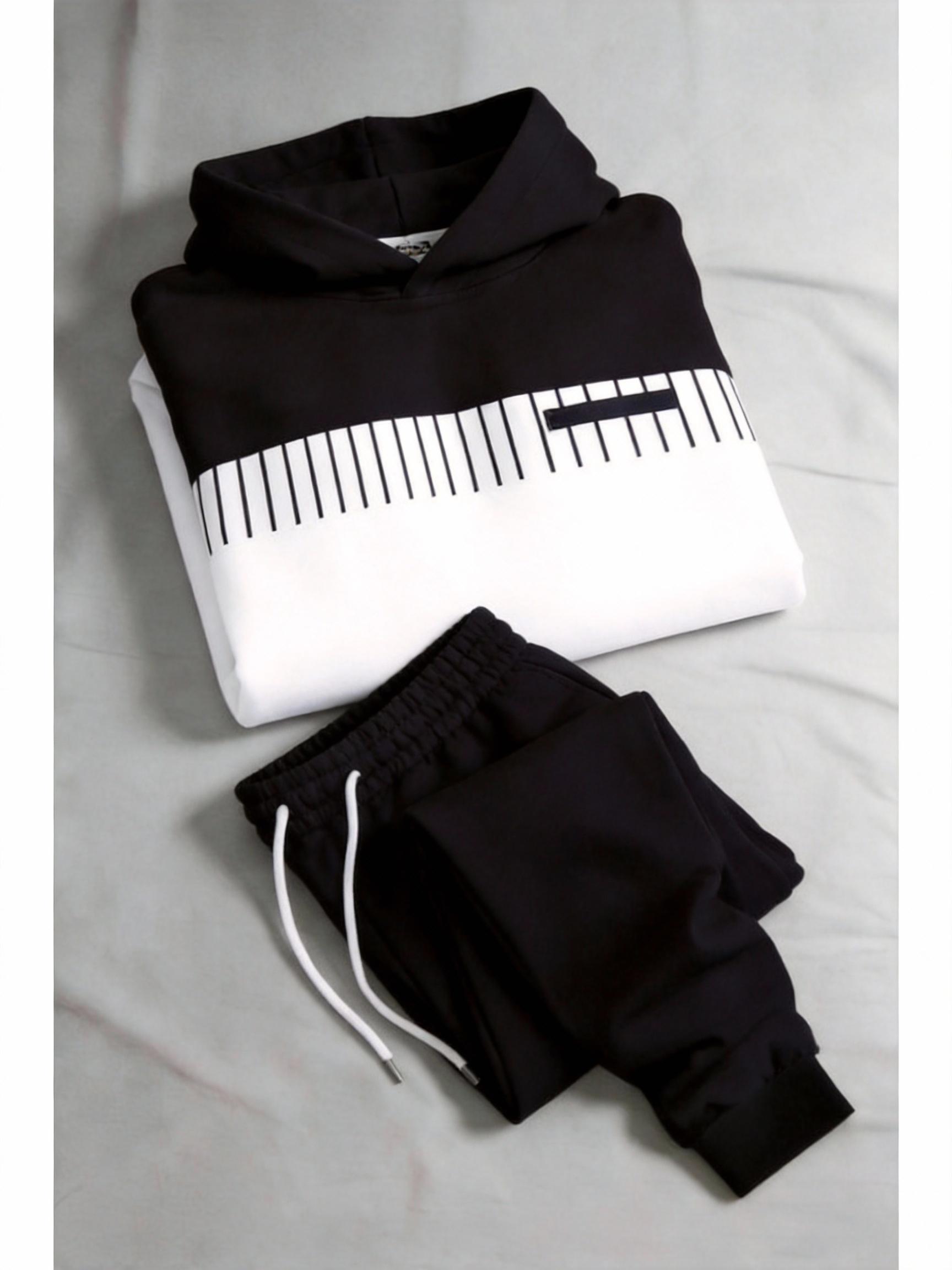 Business Fashion Leisure Set Simple Versatile Hoodie Set Clothes Menswear Long Sleeve Suits 25115 Gamis Wetsuit Black White Color Block Trousers