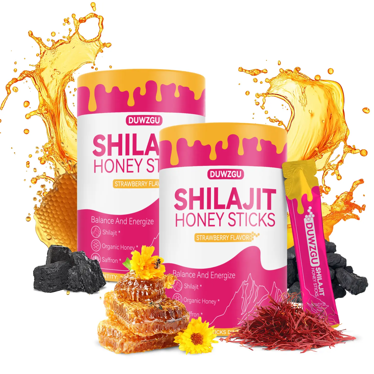 Shilajit Shatavari Saffron Feminine Honey Sticks, Strawberry Flavor Herbal Supplement - Hormone Balance, Energy Support, Multi-Mineral Edible Dietary Supplement, Herbal Supplements