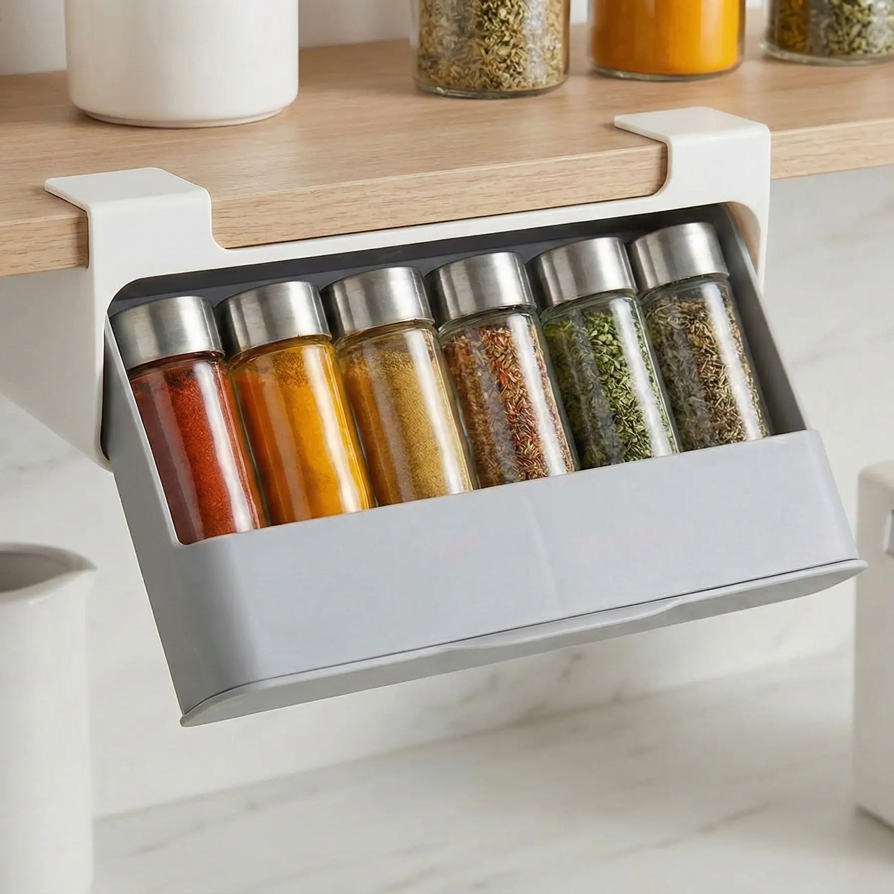 Hidden Under-Shelf Spice Rack No Drilling Required Adjustable Dividers for 6+ Spice Bottles Pull-Down Drawer Design