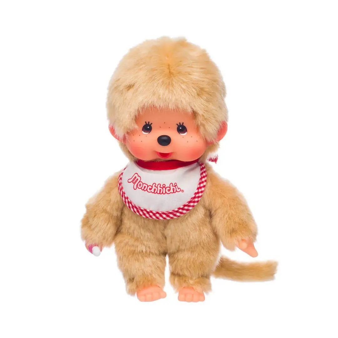 Monchhichi Beige Boy Character Stuffed Toy with Bib, Huggable Cute Toy for Kids, Cute Toys
