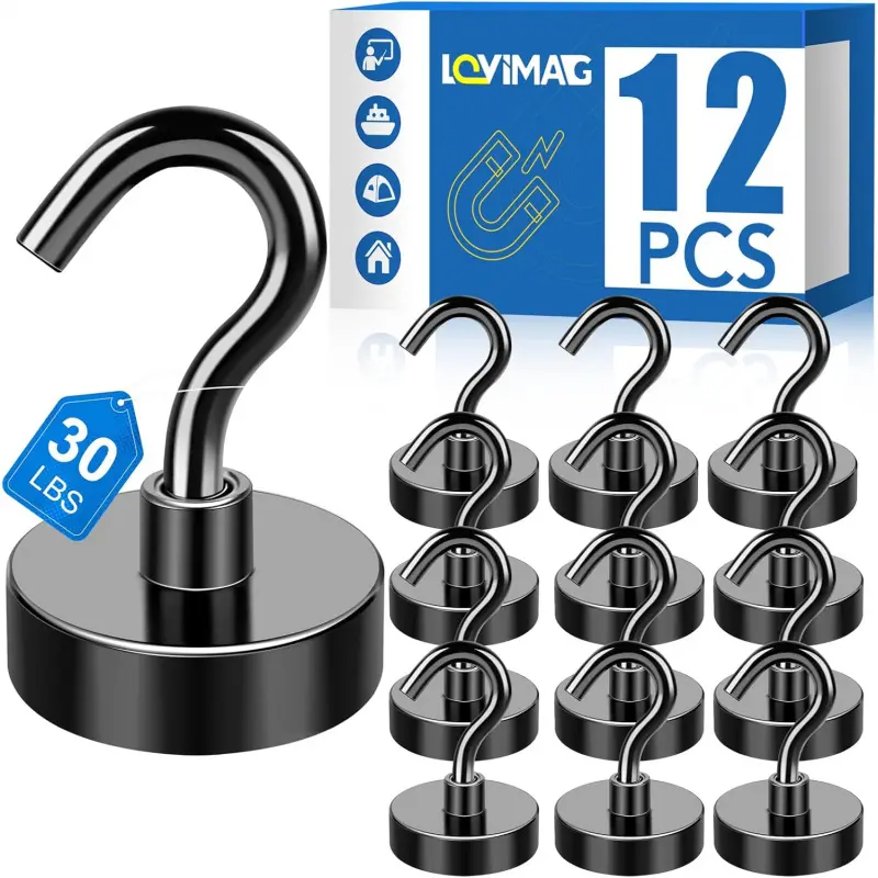 Heavy Duty Metal Magnetic Hooks (12 Pack), Rust-Resistant Steel with Black Epoxy Coating, 30 lbs Strength for Home, School, Indoor-Outdoor Workshop & Cruise Cabin Essentials, Indoor And Outdoor, Convenient Hook, Garage Storage Hooks