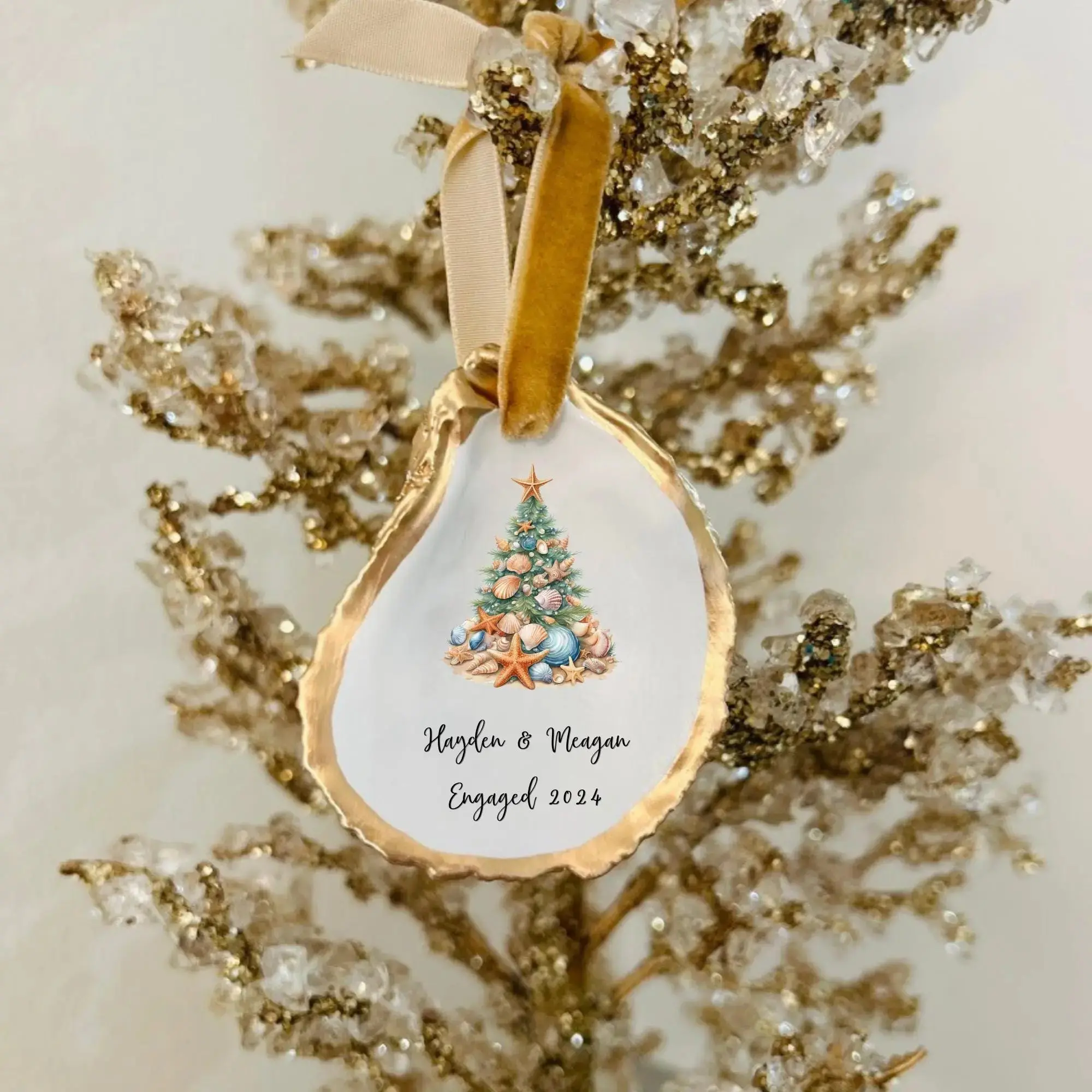 Coastal Seashell Engagement Wedding Christmas Ornament