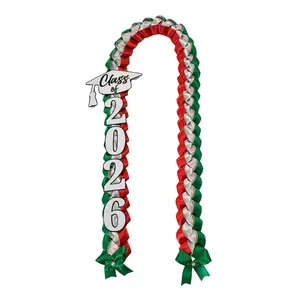 Graduation Lei Class of 2026 Keepsake Charm Braided Necklace 26 Inches Mexico Flag Colors Option 1 with Cap and Numbers Option 2 with Student Name Handmade