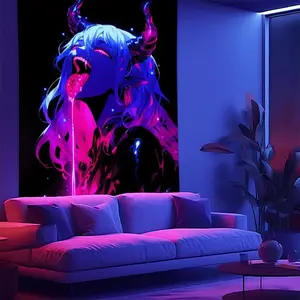 darkness |       Anime Design Neon Tapestry Mysterious Pink Demon Pattern Black Light Aesthetic Room Decoration Party Abstract Theme UV Reactive Wall Tapestry Vibrant Colorful Glowing Wall Hanging Surreal Ideal Holiday Gift for Friends 60X 40Tapestry Deco