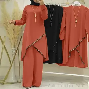 Women Eid Musulman Ensemble Muslim Sets Solid Blouses Wide Leg Pants Ramadan Morocco Two Pieces Dubai Kaftan Loose Modest