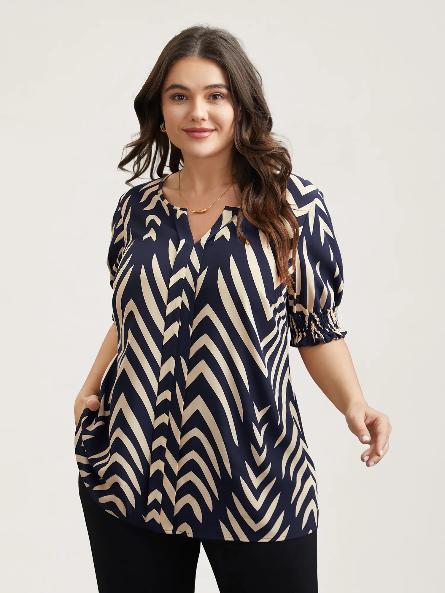 Women's Plus Size Geometric Spandex Tunic Blouse - Casual Office Garment with V-Notch Collar, Lantern Half Sleeves, Shirred Details, Breathable Fabric, Casual Fashion Shirt for Summer