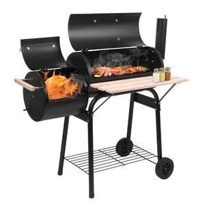 Barrel Charcoal Grill with Offset Smoker, All Metal Outdoor Smoker with Side Table and Wheels for Outdoor Garden Patio and Backyard Cooking