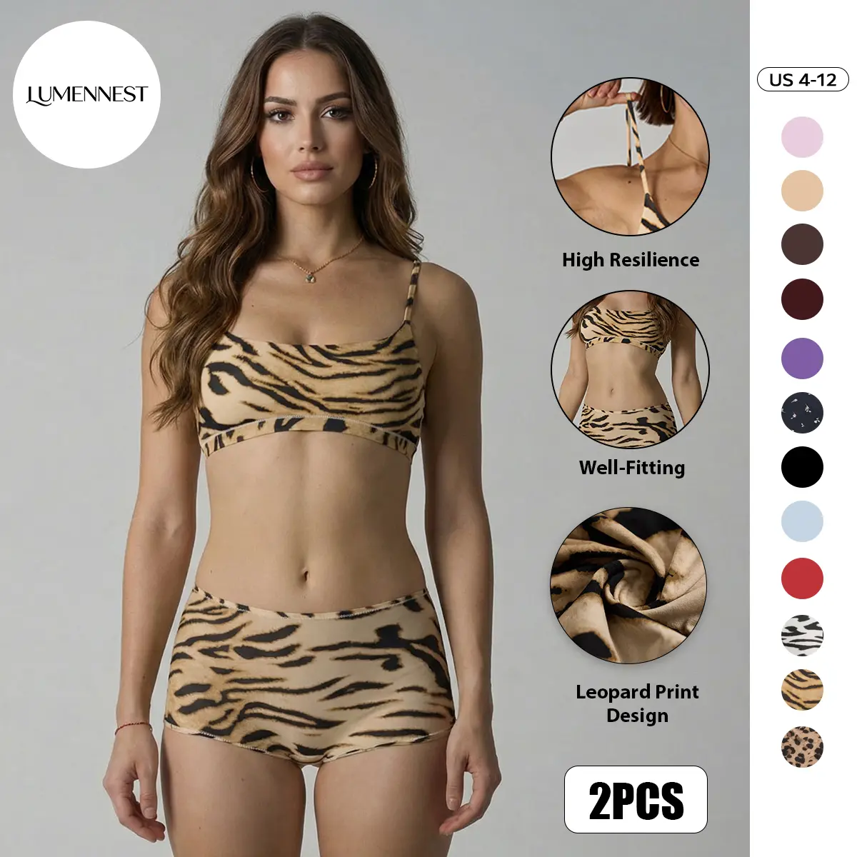 LUMENNEST Women's Soft Minimalist Leopard Print Thin Strap Bralette & Knicker Set, Versatile Seamless Smoothing Lingerie & Underwear Set
