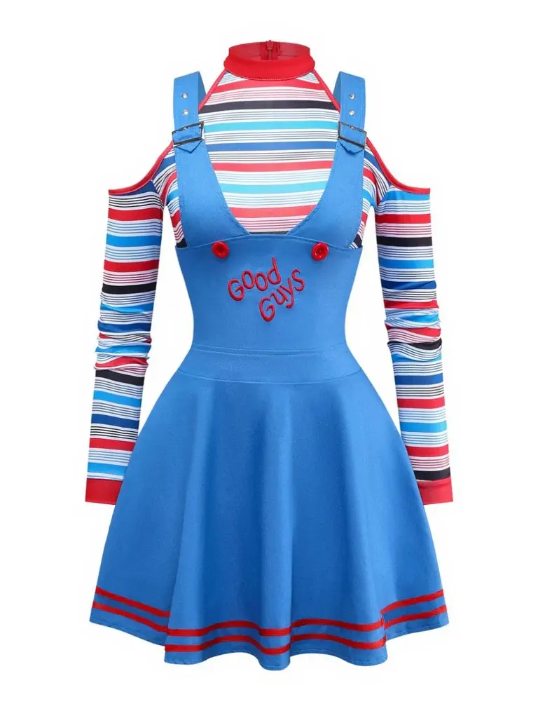 RETRO STAGE Women's 2-Piece Halloween Outfit, Chucky Inspired Costume with 1960s Striped Top and Wide-Strap Pinafore, Casual Dresses, 1960S Halloween Chuckie Design, Spooky Vibes, Women's Clothes, Clothing Merch, Lady, Holiday, Retro Vibes, Two-Pieces