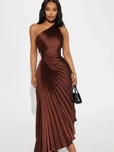 Belle Satin Maxi Dress - Chocolate One-Shoulder Ruched Design for Elegant Occasions