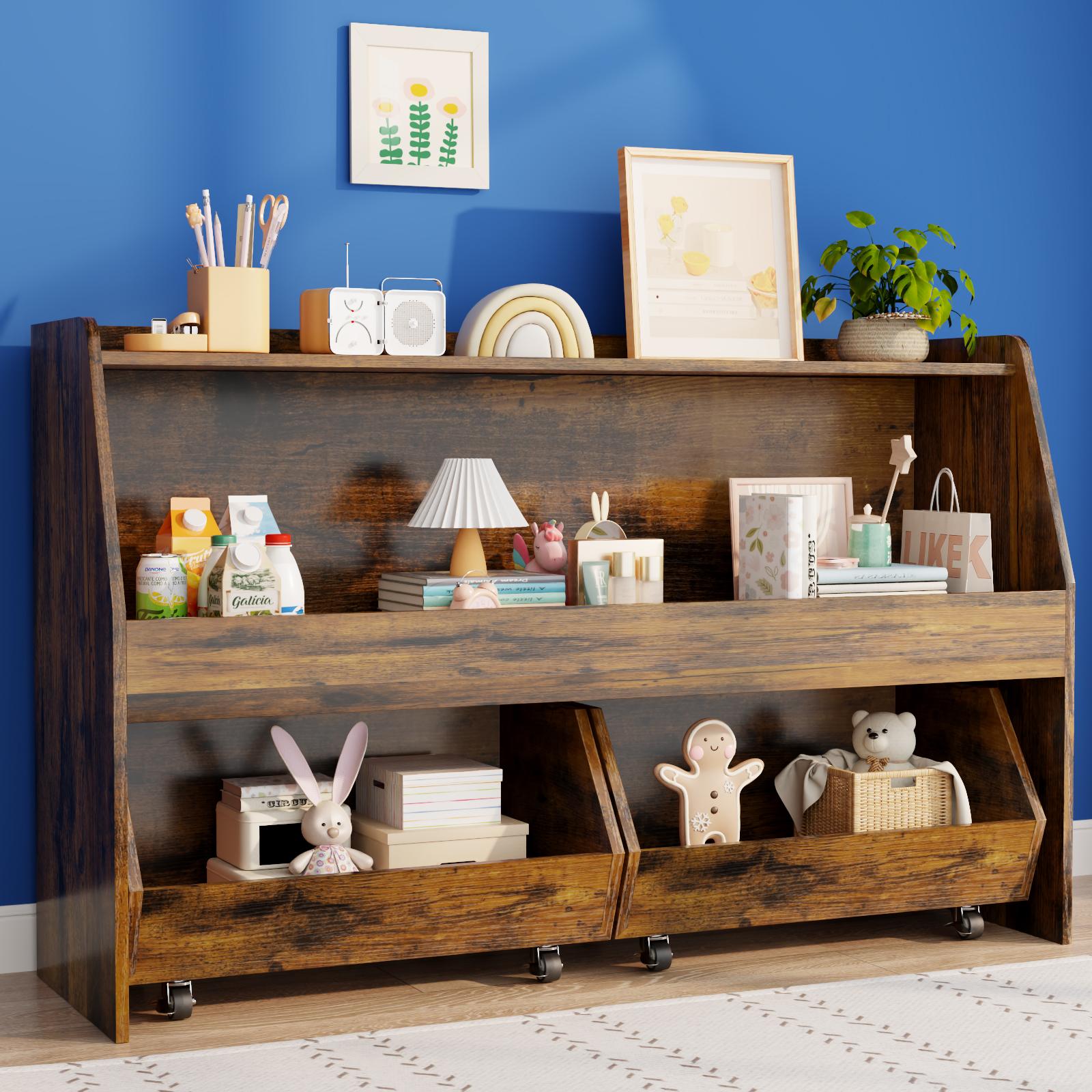 COZPAW Kids Bookshelf and Toy Storage, 4 Tier Toddler Bookshelf with Movable Drawer 5 Sling Pockets, Montessori Book Shelf for Kids Room, Playroom, Nursery (Oak)