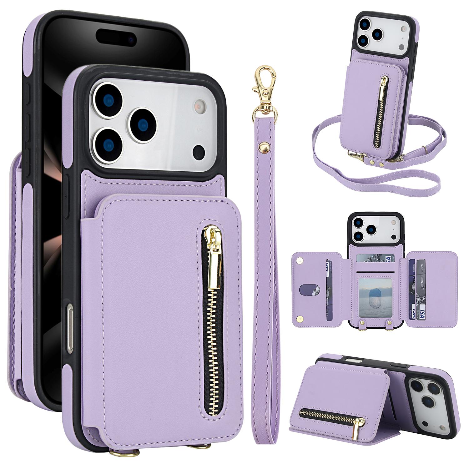 Lavender Crossbody Wallet Case for iPhone 17 Pro Max 17 Air 16 15 14 Plus 13 12 11 Pro Max PU Leather RFID Blocking Cash Holder Card Wallet Flip Stand Protective Cover with Crossbody Lanyard Strap Wristband - Protection