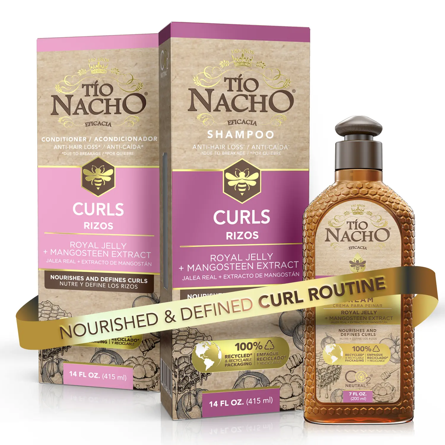 Tío Nacho Curls Shampoo, Conditioner & Styling Cream Set for Curly & Wavy Hair with Royal Jelly & Mangosteen, Moisturizing, Frizz Control & Defining Curly Hair Bundles, 3‑Piece Set