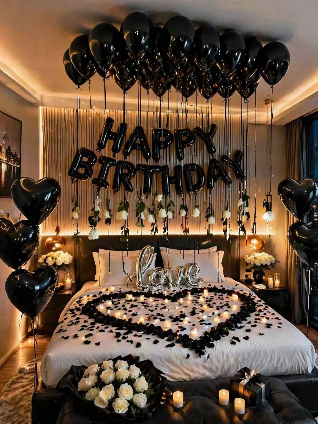 38PCS Black Birthday Decorations Set, 16 Inch Happy Birthday Letter Balloons with Black Latex Balloons, Heart and Love Foil Balloons for Party Decor, Bedroom Surprise, Photo Backdrop