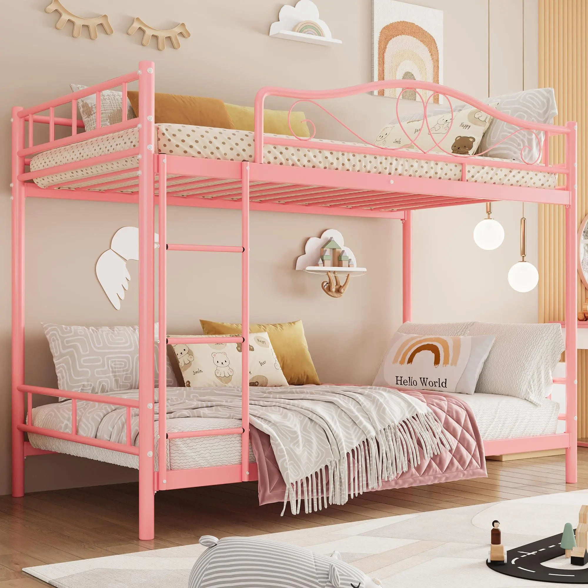 Bunk Bed Twin Over Twin, Heavy Duty Metal Bunk Bed with Safety Guardrail & Ladder, 400 LBS Weight Capacity, Space-Saving Design, Noise Free, No Box Spring Needed, Easy Assemble, Pink