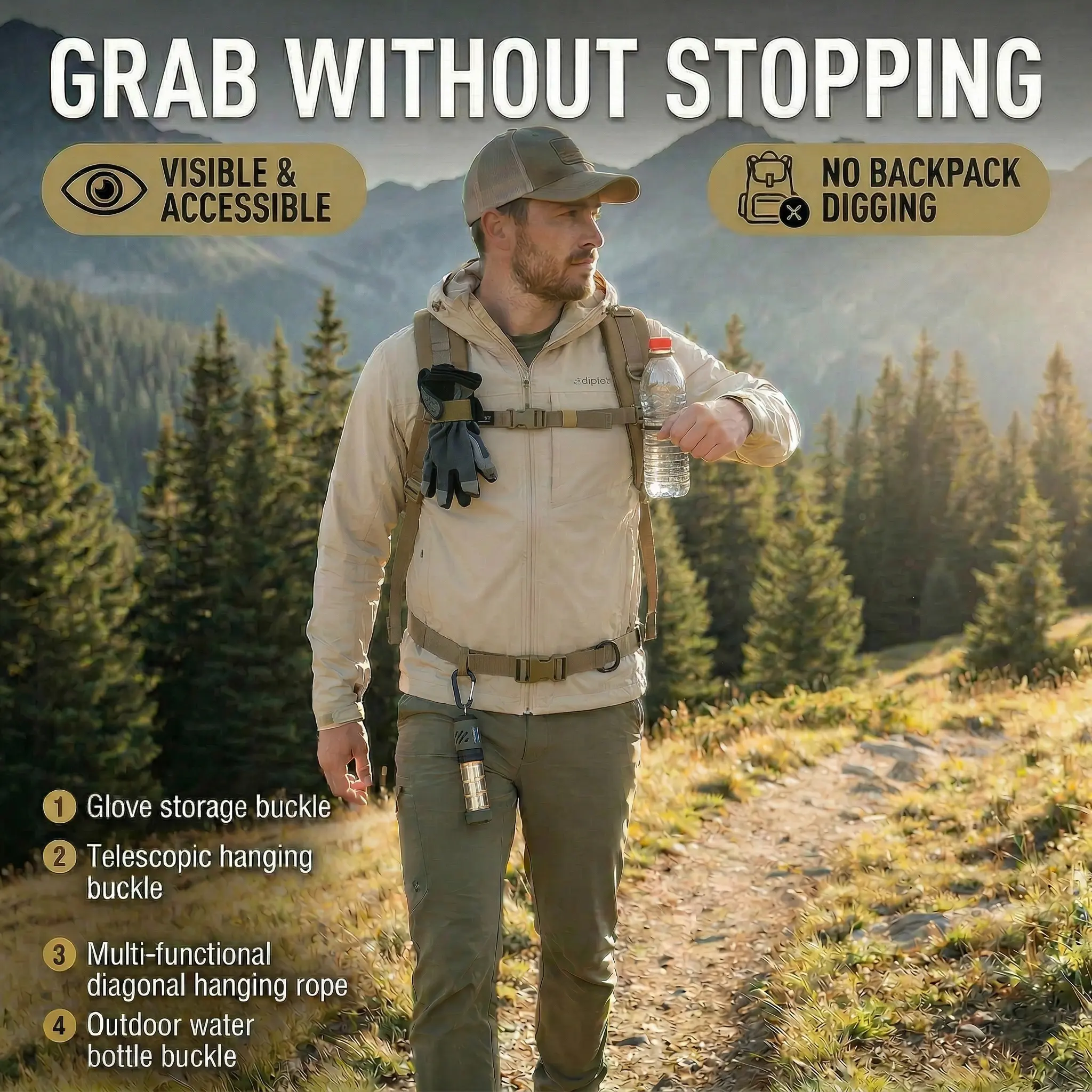 5-Pack Durable Compact Hiking Gear Belt Hooks - Modular Set for Adults, Quick Access Glove Storage & Bottle Holder for Camping, Travel, Fishing