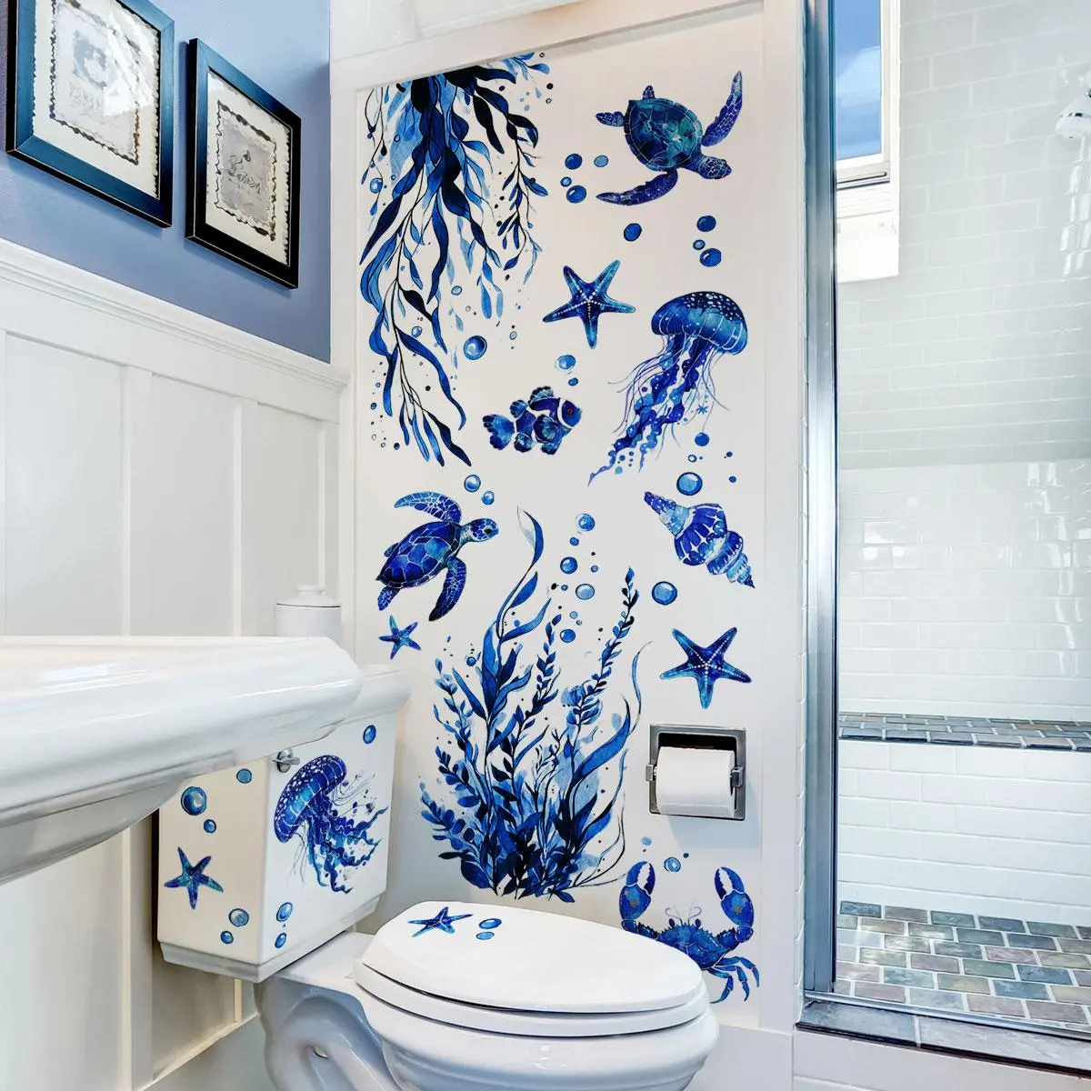 Ocean Themed Bathroom Sticker, 8 Counts/set Self Adhesive Wall Decal, Wall Stickers, DIY Decorative Sticker for Home Bathroom Toilet, Ornaments, Kitchen Bathroom Decoration, Adhesive Decals
