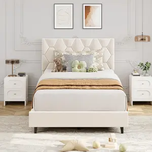 Beige Twin Upholstered Bed Frame, Heavy-Duty Platform Bed Frame with Upholstered Headboard & Strong Wood Slats, No Box Spring Needed/Easy Assembly