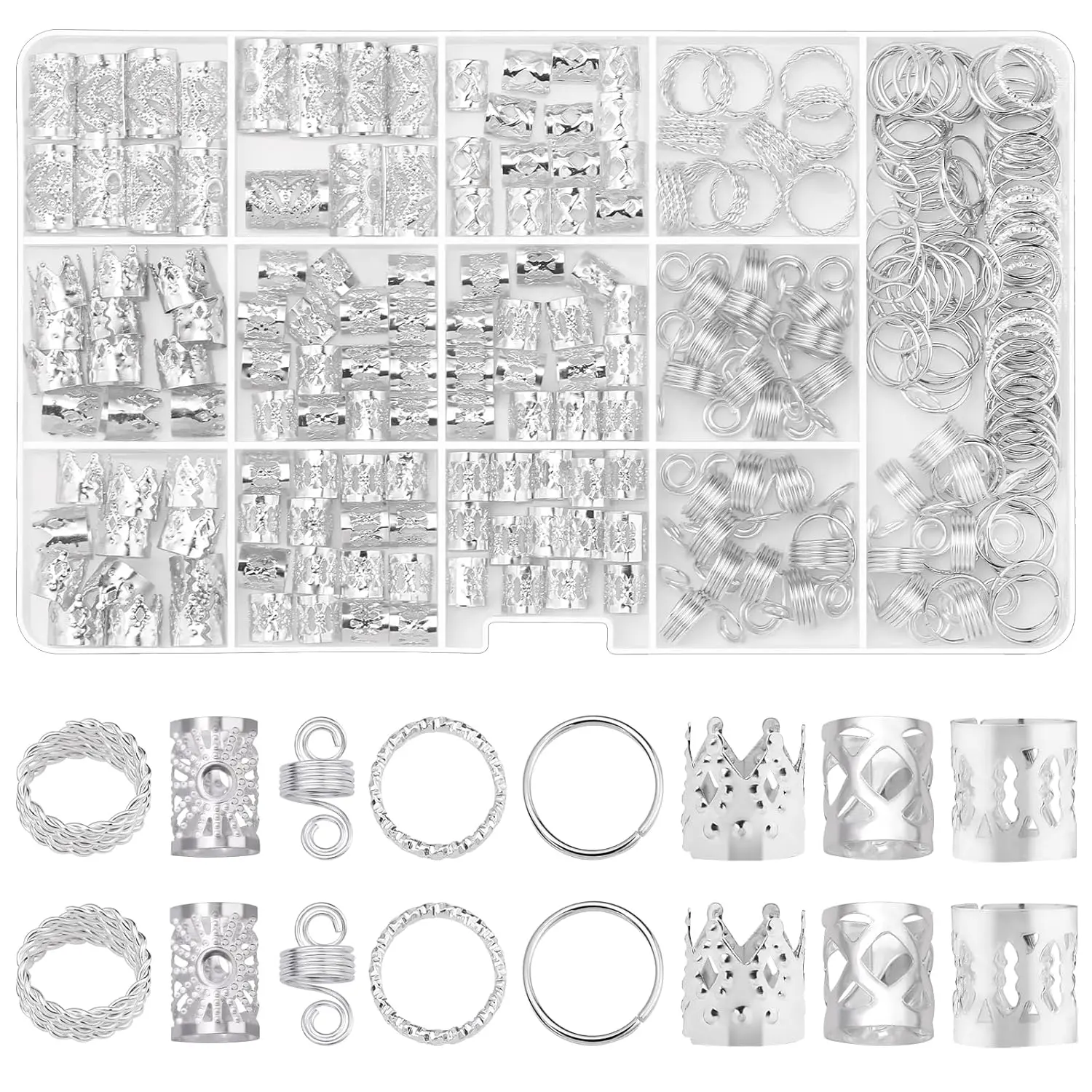 262 count  Hair  for Braids,  Dreadlock Beads Locs Accessories Hair Charms for Women (Sliver)