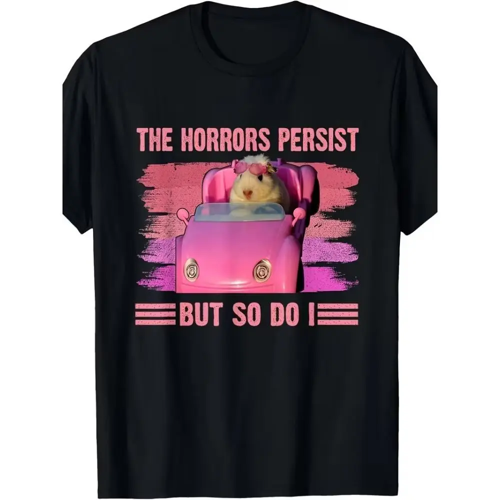 Women's Short-Sleeve Casual T-Shirt - Smooth Seamless Fabric, "The Horrors Persist But So Do I" Hamster Meme Graphics, Halloween Apparel for Meme Lovers